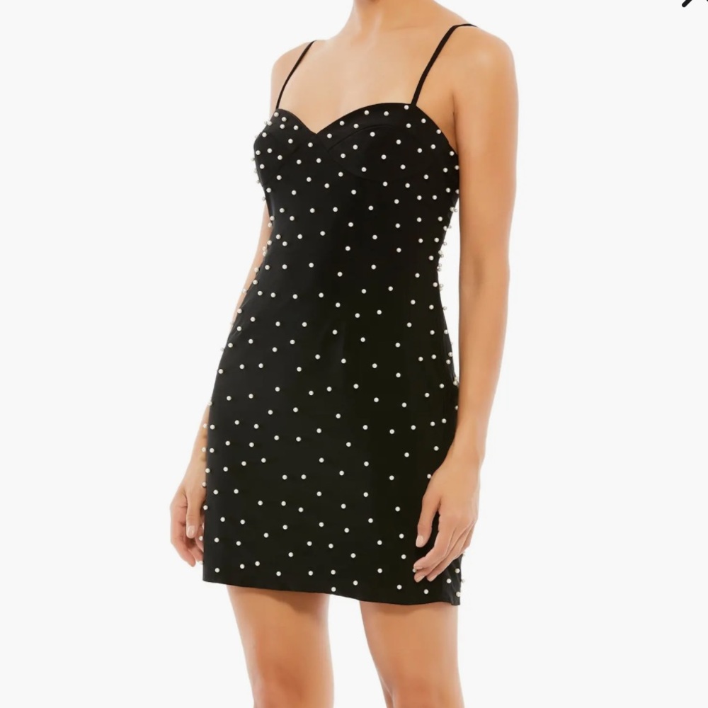 Ieena for Mac Duggal Black Sleeveless Pearl Sweetheart Mini Dress 8 Polka Dot